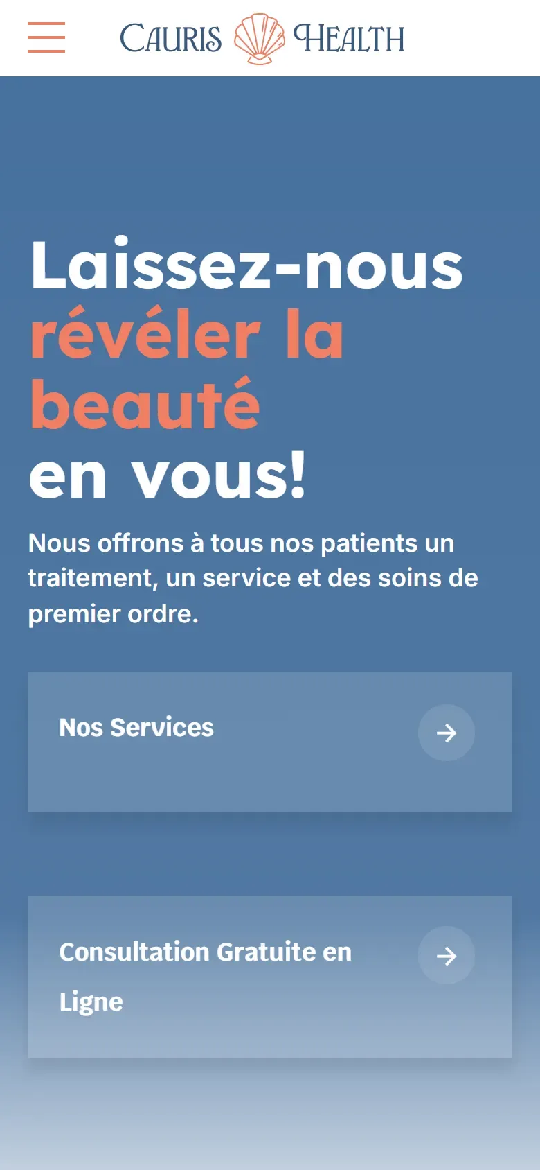 Cauris Health sitesinin telefondaki görünümü